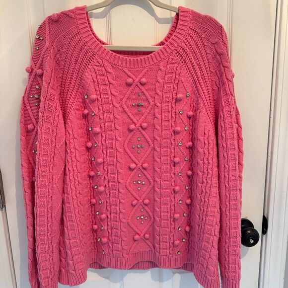 Boston Proper Embellished Cable Pullover Sweater Pink Carnation Size XL - Picture 2 of 8